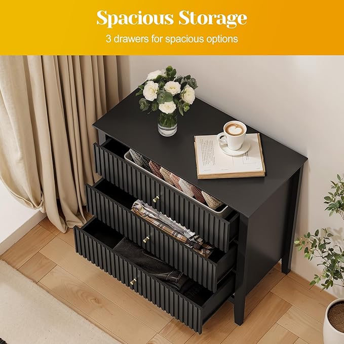 Large Black Fluted 3 Drawer Dresser Set of 2, Chest of Drawers with Ball Bearing Slide Modern 30 inch Tall Wood Nightstand with Spacious Storage for Bedroom Hallway Living Room Entryway