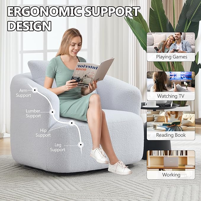Swivel Accent Chair,360° Rotating Barrel Chair,Teddy Fleece High-Resilience Sponge Single Sofa, Easy Assembly for Living Room, Bedroom, Apartment White
