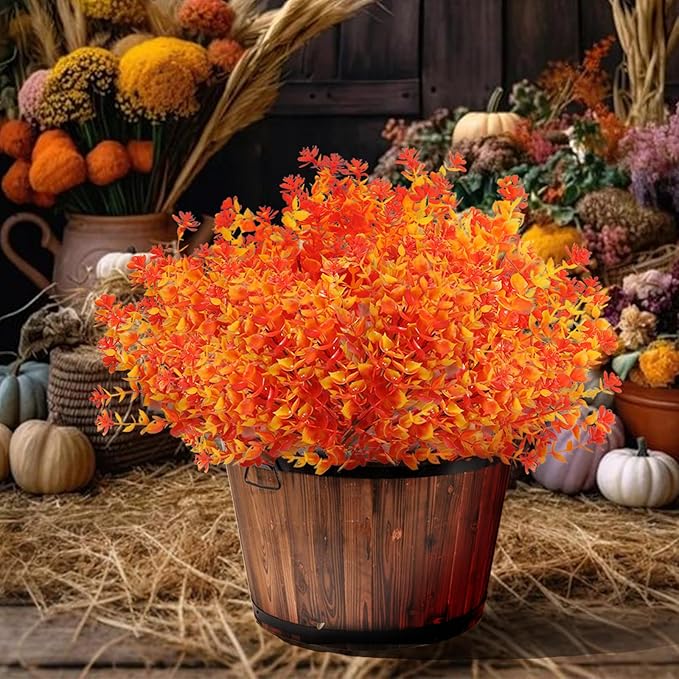 Artificial Fall Flowers for Outdoors, 10 Bundles Artificial Plants UV Resistant Fall Fake Mums Plants for Outside Halloween Christmas Porch Decoration Fall Decor(Orange(Eucalyptus))