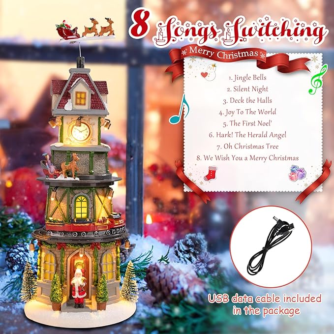 Taman Christmas Village Collectible Buildings, Clock Tower Figurine with Revolving Train Music, Warm Light Christmas Ornaments for Holiday Decorations