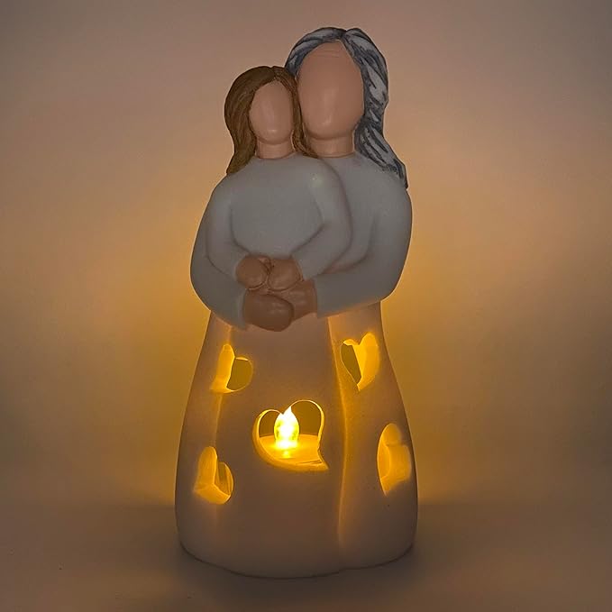 Hand-Painted Grandma-Granddaughter Candle Holder Statue Gift, with Flickering LED Candle | Gigi Grandmother Birthday Gift, Unique Nana Present Ideas for Christmas, Greeting Card Included