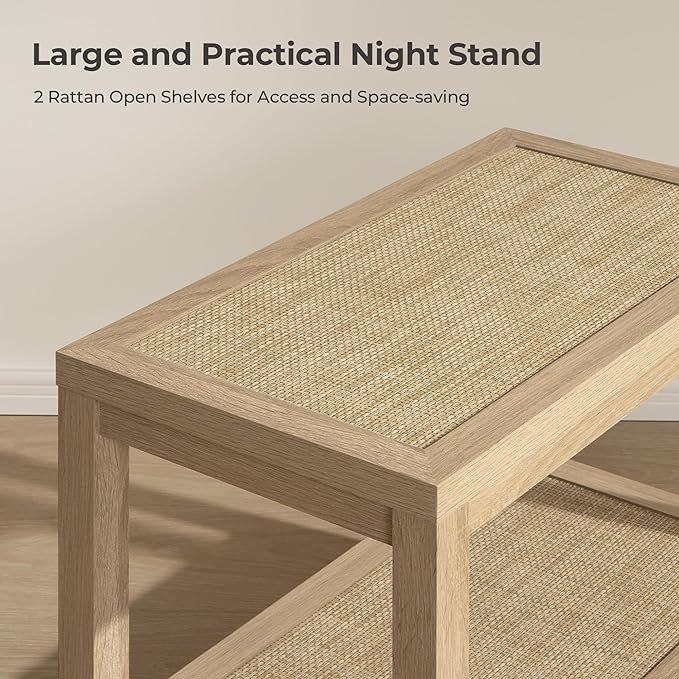 SICOTAS Rattan Nightstand Bedside Table - Farmhouse Boho Narrow Accent End Table with 2 Open Rattan Shelves for Bedroom, Living Room, Small Spaces - Light Oak