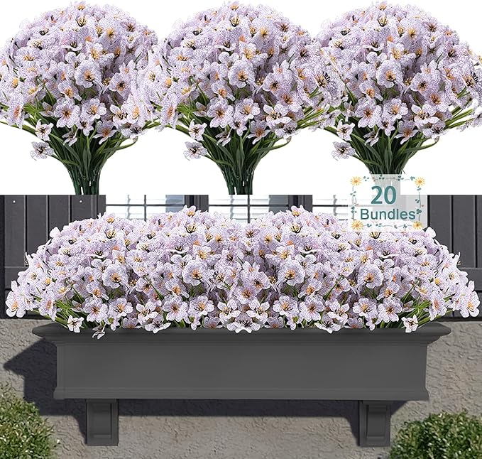 20 Bundles Artificial Flowers for Outdoors, UV Resistant Fake Flowers with Plastic Plants, Faux Silk Flowers for Planter outdoors, Fake Realistic Flowers for Window Box Front Porch Patio Decor-White