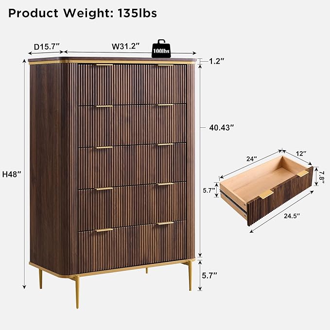 T4TREAM Fluted 5 Drawers Dresser for Bedroom, 48" Tall Modern Dresser Chest of Drawers, Gold Accents, Fluted Fronts, Wood Storage Dressers Organizer for Bedroom, Living Room, Dark Walnut