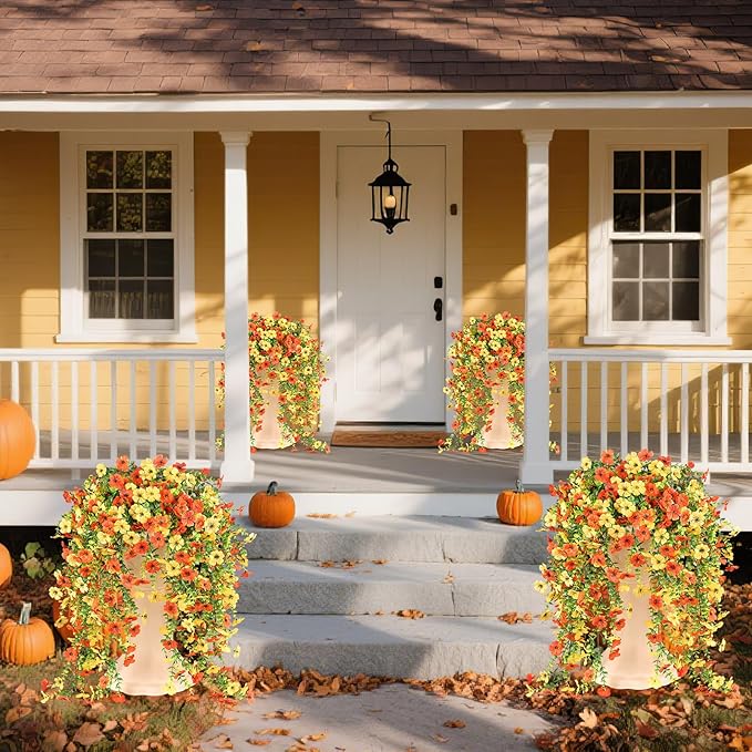 6 Bundles Artificial Fall Flowers for Outdoors Fake Plants Garden Home Fall Decor,UV Resistant Realistic Silk Faux Autumn Flower Indoor Outside Front Porch Patio Balcony Yard Farmhouse(Orange)