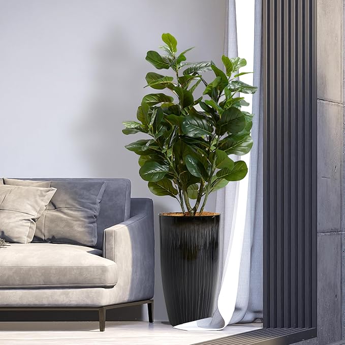 Worth Garden 23.5" H. Large Plastic Planters - Set of 2 Gradient Black Glossy Smooth Finish - Tall Plant Pots for Indoor & Outdoor Use - Decorative Lightweight Flower Pots for Front Porch, Patio, Deck