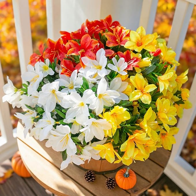 Artificial Fall Flowers for Outdoors, 3 Bundles Faux Azalea Bouquet Silk Flower for Outside UV Resistant Realistic Fake Outdoor Flowers for Planter Porch Patio Garden Walkways Home Fall Decor, Mix