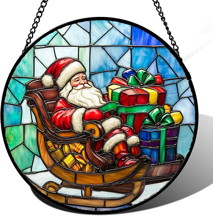 Stained Glass Window Hanging - Santa Claus Gift BoxSuncatcher for Doors Home Christmas Decoration Winter Sun Catcher Thanksgiving New Year Birthday Gift for Women Men Mom Nana 11.8 in