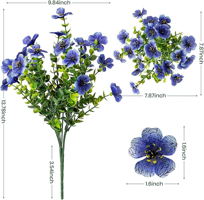 20 Bundles Artificial Flowers for Outdoor Fake Plants for Spring Decoration,Faux Eucalyptus Flowers for Planter UV Resistant Lifelike for Home Porch Garden（Blue）