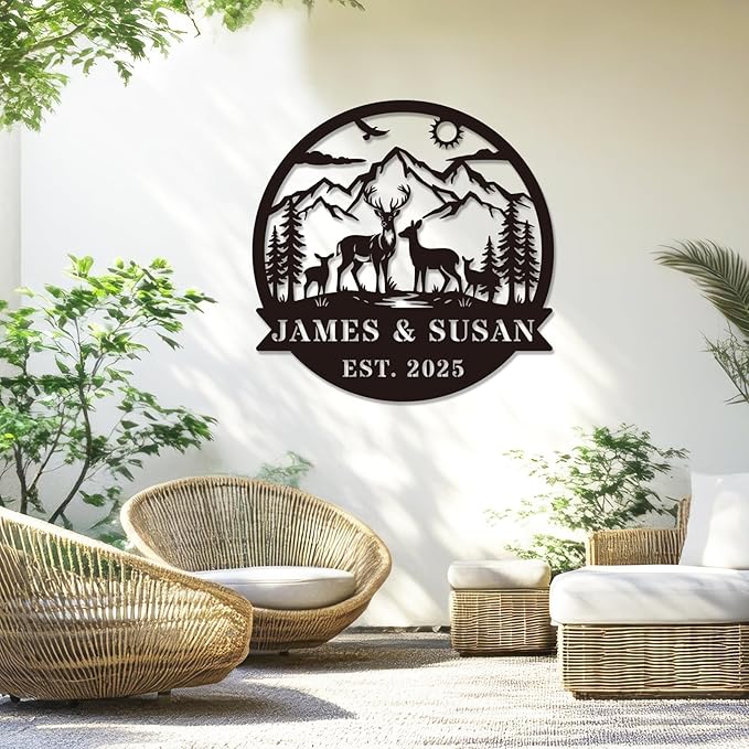 Personalized Rustic Metal Deer Cabin Sign, Outdoor Welcome Sign for Front Porch, Great Custom Metal Name Sign Gift for Hunters, Farmhouse Cabin Decor