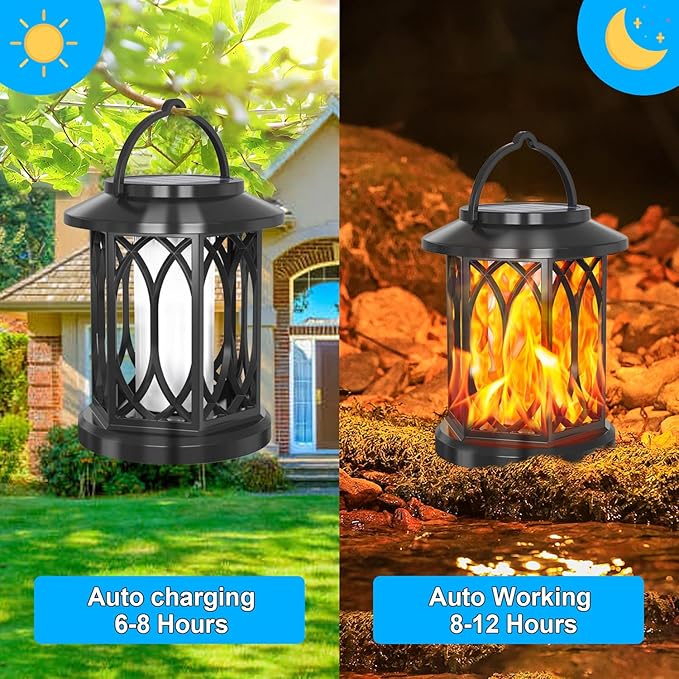 Solar Lanterns Outdoor, Flickering Flames Outdoor Solar Lights Hanging Lanterns Waterproof Decoration Lighting for Garden,Tree,Table (2 Pack)