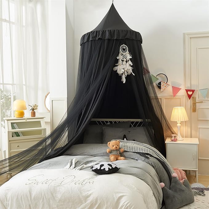 Bed Canopy for Girls,Princess Round Dome Dreamy Mosquito Net Bedding Girls Room Castle Play Tent Hanging House Decor Reading Nook Canopies (Black/Black)