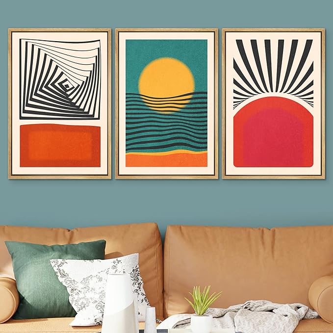 SIGNWIN Framed Canvas Print Wall Art Set Mid-Century Rising Sun & Color Blocks Abstract Geometric Illustrations Graffiti & Street Art Modern Art for Living Room, Bedroom, Office - 24"x36"x3 Natural