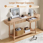 63” Console Table with 2 Drawers, Retro Entryway Table with Fluted Panel & Storage Shelf, Narrow Long Behind Couch Tables Accent Sofa Table with Solid Wood Legs for Living Room Foyer Hallway(Natural)