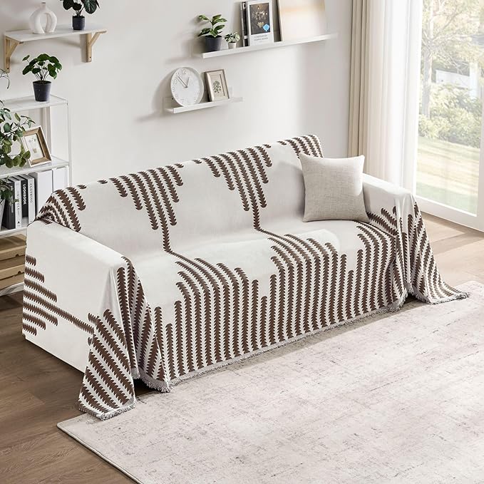 Couch Cover Boho for Dogs Washable Mocha Couch Covers for 2 Cushion Couch, Chenille Sectional Couch Covers L Shape Sofa Cover, Furniture Protector for Kids, Pets, Mocha 91" X118"