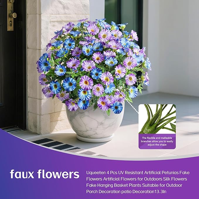 UV Resistant Artificial Petunias 8PCS Fake Flowers Artificial Flowers for Outdoors Silk Flowers Fake Hanging Basket Plants Suitable for Outdoor Porch Decoration patio Decor,Blue purple,13.3In