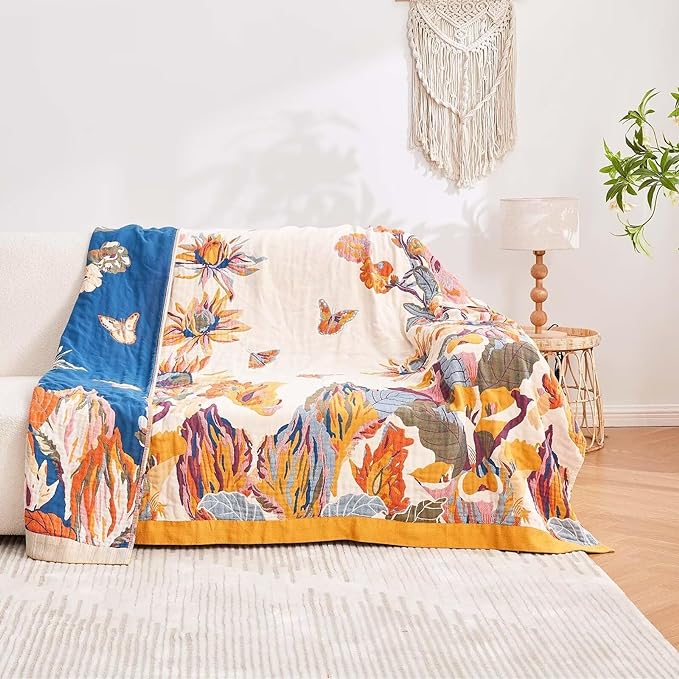 Boho Throw Blanket, 100% Cotton Ultra Soft Luxury Throw Rustic Quilt, 60"x80" Floral Bird Butterfly Farmhouse Decor Bed Blankets, All Season Rustic Reversible Bohemian Throw for Bed - Yellow