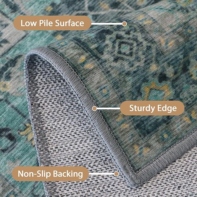 GENIMO 9x12 Area Rugs for Living Room, Machine Washable Non Slip Vintage Rugs, Low Pile Lightweight Chenille Print Rug for Bedroom, Dining Room, Home Office, Dark Green