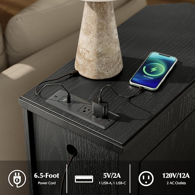 Nightstand Set of 2 with Charging Station, Vintage Wood End Table with 3 Drawer, Victoria Narrow Side Table, Slim Bedside Tables for Bedroom, Pre-Installation, Black