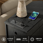 Nightstand with Charging Station, Vintage Wood End Table with 3 Drawer, Victoria Narrow Side Table, Slim Bedside Tables for Bedroom, Pre-Installation, Black