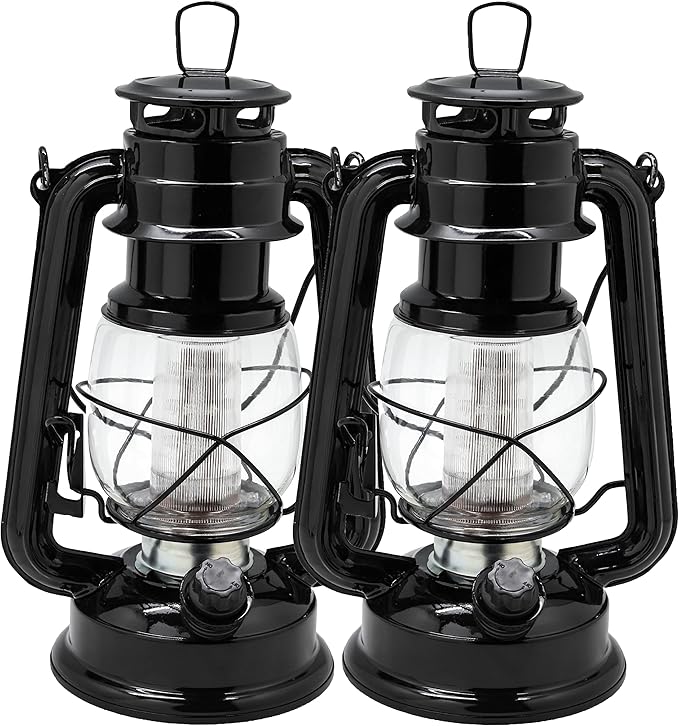 YAKii LED Vintage Lantern Metal Hanging Hurricane 12 LED Dimmer Switch Cold White Battery Operated Power Outage Indoor Camping Lighting Outdoor Brooklyn (Black 2 Pack)