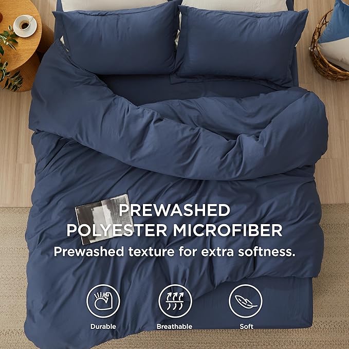 Bedsure Duvet Cover Queen Size with Fitted Sheet - 4 Pieces Prewashed Cotton-Like Extra Soft Bedding Set, Includes 1 Duvet Cover 90x90 Inches with Zipper Closure, 2 Pillow Shams, 1 Fitted Sheet, Navy