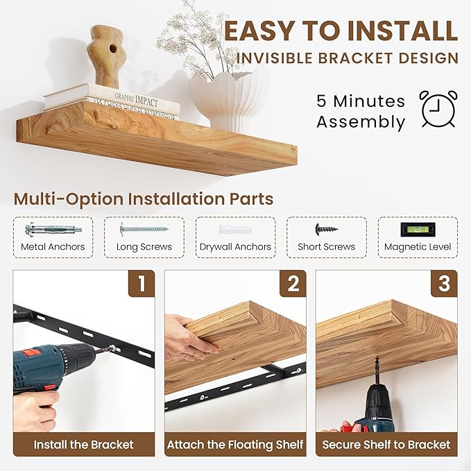 Floating Shelves, 8" Deep Rustic Solid Elm Wood Wall Mounted Floating Shelves, Wall Shelves with Invisible Bracket for Living Room Bathroom Bedroom Kitchen, 36 Inch Set of 2, Natural