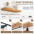 Floating Shelves, 8" Deep Rustic Solid Elm Wood Wall Mounted Floating Shelves, Wall Shelves with Invisible Bracket for Living Room Bathroom Bedroom Kitchen, 55 Inch, Natural