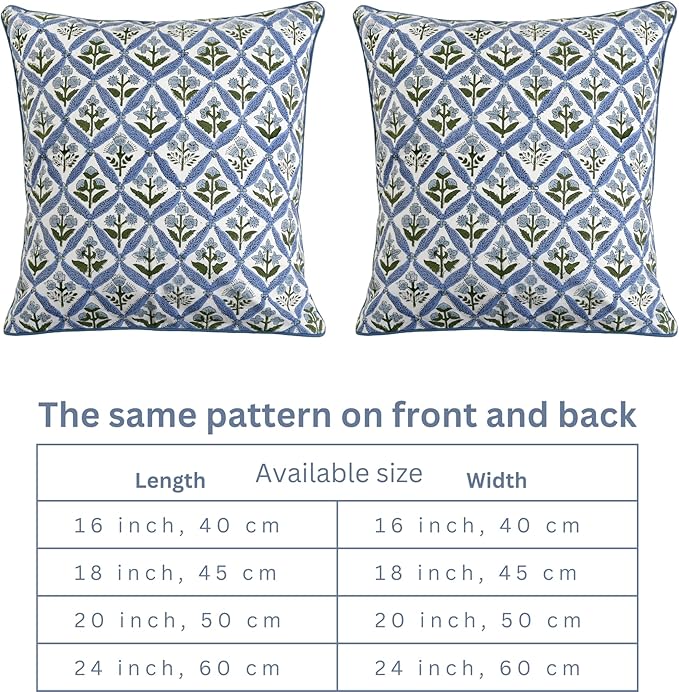 Ridhi Light Steel Blue Block Print Cotton Throw Pillow Covers for Decorative Couch Pillows for Living Room, Chic Boho Cute Outdoor Valentine Pillows Covers Gifts 18x18 Inches