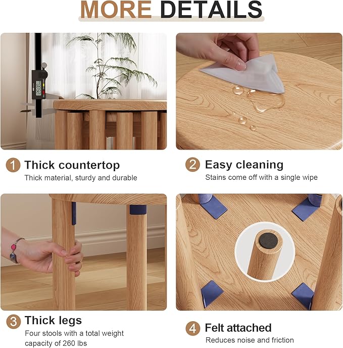 Stackable Stools Set of 4,4-in-1 Wood Stool,Round Wooden Stools with Anti-Slip Foot Pads for Kitchen,Bedroom,Living Room,Bar,No Assembly Required Durable and Space-Saving Design,18 inch (Natural)