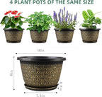 10 Inch Plant Pots, 4 Pack Flower Pots Outdoor with Drainage Holes & Trays, Retro Antique Imitation Decorative Garden Plastic Pots for Plants Indoor Sets for Houseplants