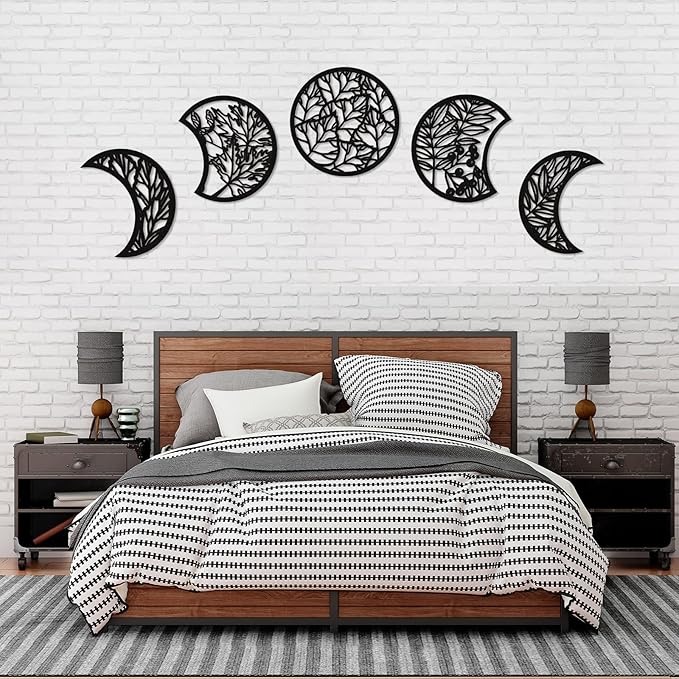 Jetec 5 Pcs Moon Phase Wall Art Decor Wall Pediments Hanging Wooden Moon Phase Spiritual Bedroom Nordic Boho Lunar Aesthetic Art for Living Room Dorm Apartment Bar Ornament(Dark Black,15.75 Inch)