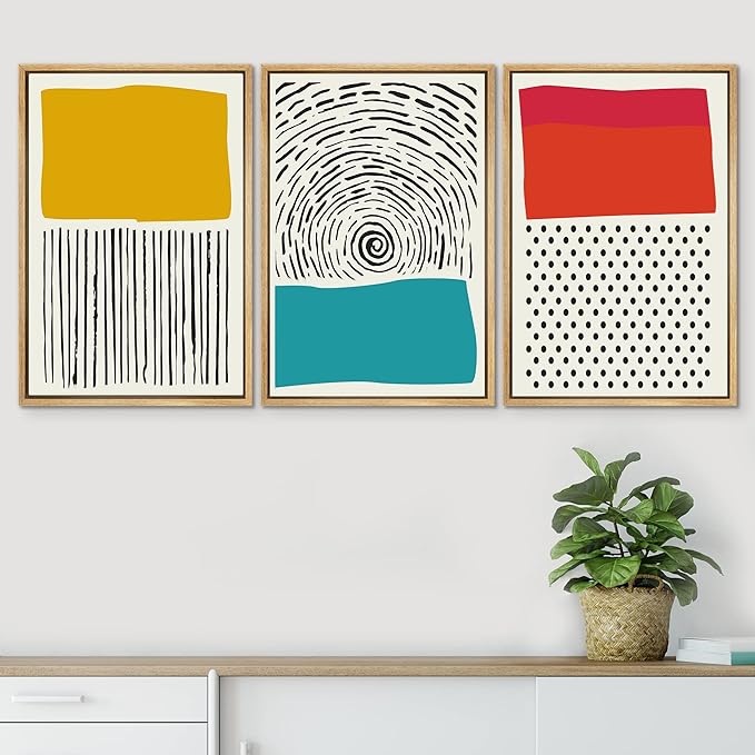 SIGNWIN Canvas Print Wall Art Line Art with Yellow and Red Squares Geometric Line Illustrations Modern Art Mid-Century Modern Warm for Living Room, Bedroom, Office - 16"x24"x3 Natural