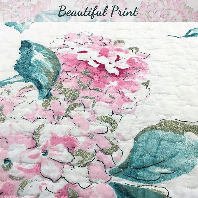 Cozy Line Home Fashions Turquoise Blue Floral Hydrangea Garden Leaf 100% Cotton Reversible Quilt Bedding Set, Coverlet, Bedspread (Valencia Bloom, Queen - 3 Piece)