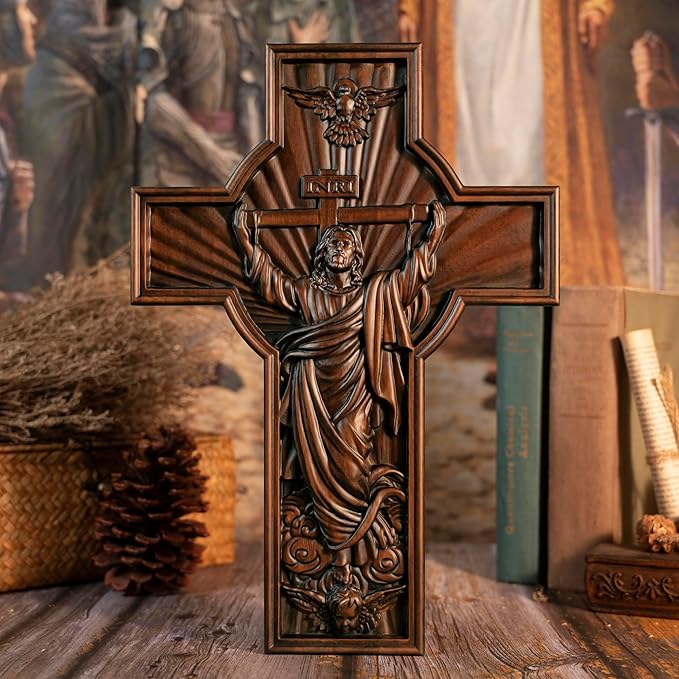 BGCOPPER Crucifix Wall Cross Handmade Wooden Cross for Wall with Hook, INRI Jesus Cross Wll Decor for Church Home Room Christmas Gifts