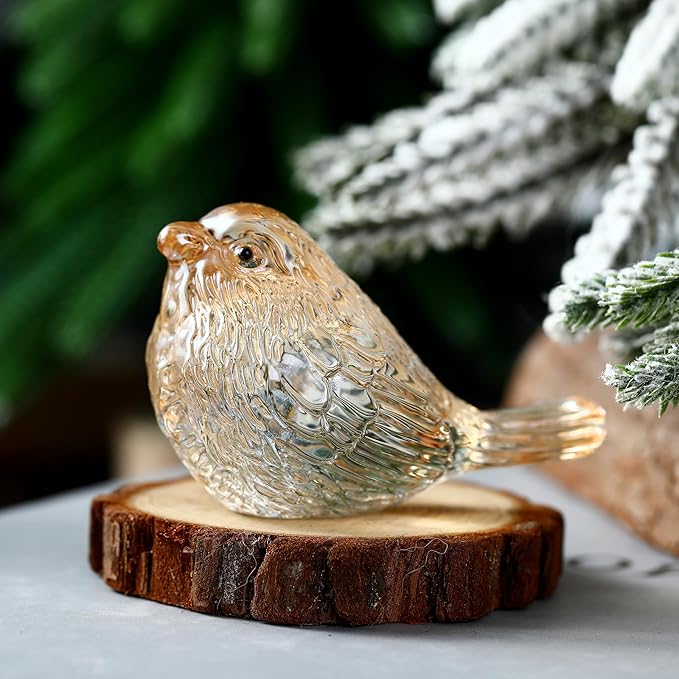Crystal Glass Bird Figurines Glass Robin Bird Decoration Paperweight Hand Blown Glass Art Animal Collectible Figurines Gift for Women (Gold)