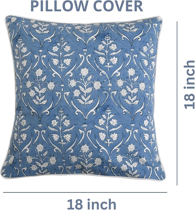 Ridhi Hand Block Print 18x18 Baby Blue Decorative Outdoor Couch Throw Canvas Pillow Cover Set of 2 Washable Modern Vintage Boho Chic Spring Home Decor Gifts Cover