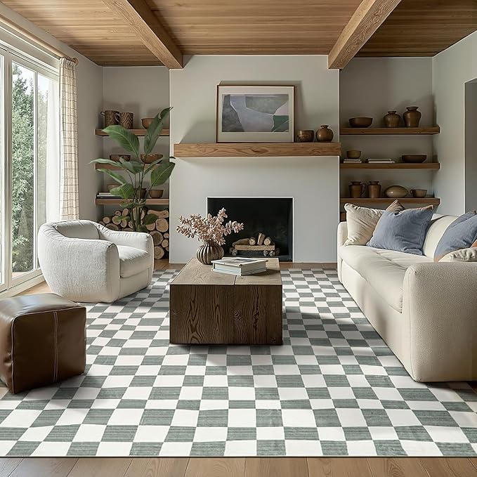 jinchan 8x10 Checkered Area Rugs for Kids Room - Machine Washable Soft Rug Modern Geometric Lattice Non-Slip Carpet for Nursery Playroom Classroom Living Room Bedroom Dining Room Home Office Grey