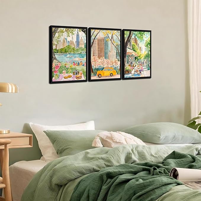 MUWAK Framed New York City Canvas Wall Art Set of 3 – Colorful NYC Skyline Central Park Yellow Taxi Posters, Modern Urban Landscape Wall Decor for Living Room Bedroom Office – 16x24in