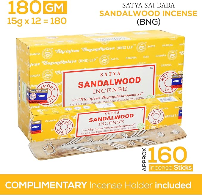 Satya Sandalwood Incense Sticks, Satya Bng Insens 15gmx12 Pack with Raajsee Insence Holder Bundle, Satya Nagchampa Natural Incence