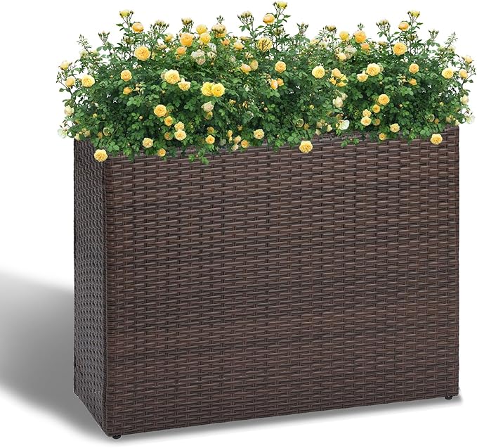 LEWIS&WAYNE Large Rectangular Block Planter Box Handmade Wicker Tall Planters for Outdoor Plants with Removable Liners Modern Planter for Indoor Outdoor Patio Deck - Brown, 32''x11''x24''