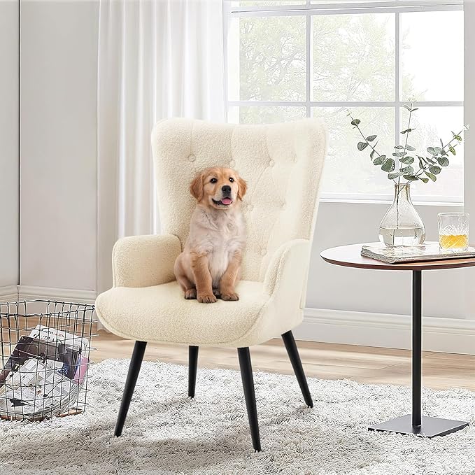 Furnimart Faux Fur White Accent Chair Mid Century Modern Living Room Chairs; Comfy Armchair Leisure Vanity Guest Wingback Chair for Office Study Vanity Bedroom Waiting Room White