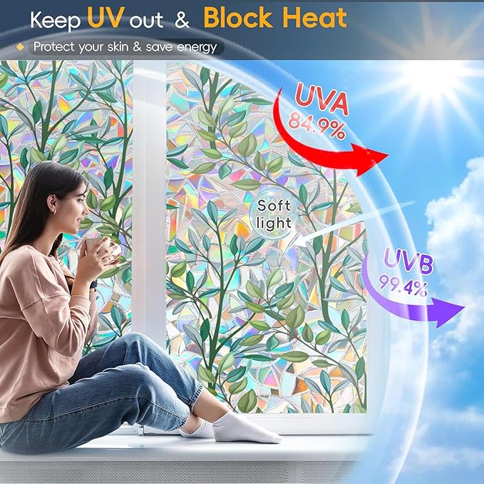 Rainbow Privacy Film with Cutting Line, 3D Decals Stained Glass Window Clings, Static Cling Window Sticker, Suncatcher - 35.4" x 78.7"