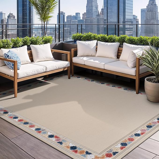 Beverly Rug Outdoor Rug 10x14 Modern Bordered Large Area Rugs for Indoor and Outdoor Patio Easy to Clean Non Shedding Living Room Porch Garden Washable Outside Carpet (10 x 14 Beige)