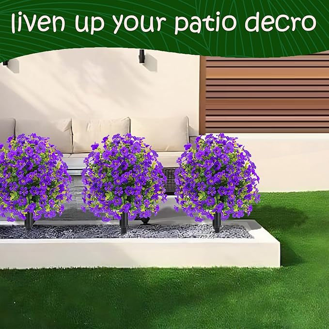 22.8" Set of 2 Fall Artificial Boxwood Topiary Ball Trees with Spikes,UV Resistant Fake Outdoor shrubs with Violet Flowers, Realistic Faux Plants Bushes for Garden Porch Yard Patio Decor(Purple)