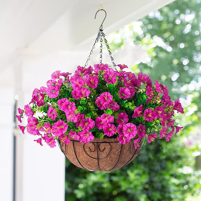 Ivydale Artificial Silk Hanging Plants Flowers Basket for Outdoor Outside Summer Decoration, Fake Faux UV Sun Resistant Look Real Morning Glory Fuchsia for Porch Patio Balcony Home