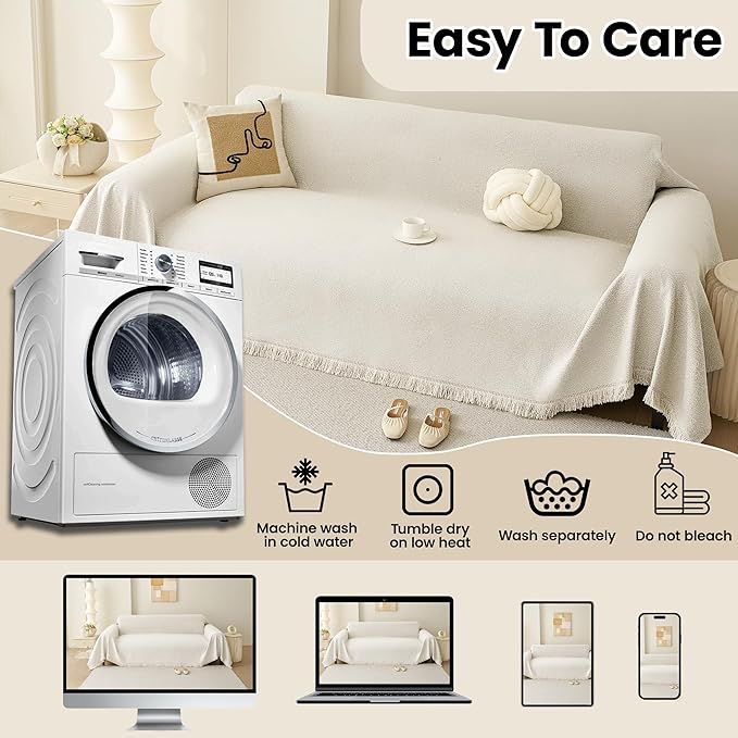 Chenille Armchair Sofa Slipcover Washable Furniture Protector Recliner Couch Cover 1-Piece Cushion Stain Resistant Chair Cover Beige Soft Breathable Couch Cover Blanket, 71"x 71"