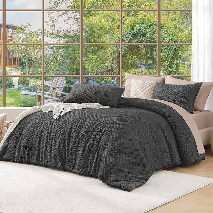 Andency Dark Grey Comforter Set King Size, 3 Pieces Gray Boho Bedding Set & Collections, Farmhouse Tufted Fluffy Bedding Comforter Sets for King Bed (1 Comforter 104x90In, 2 Pillowcases)