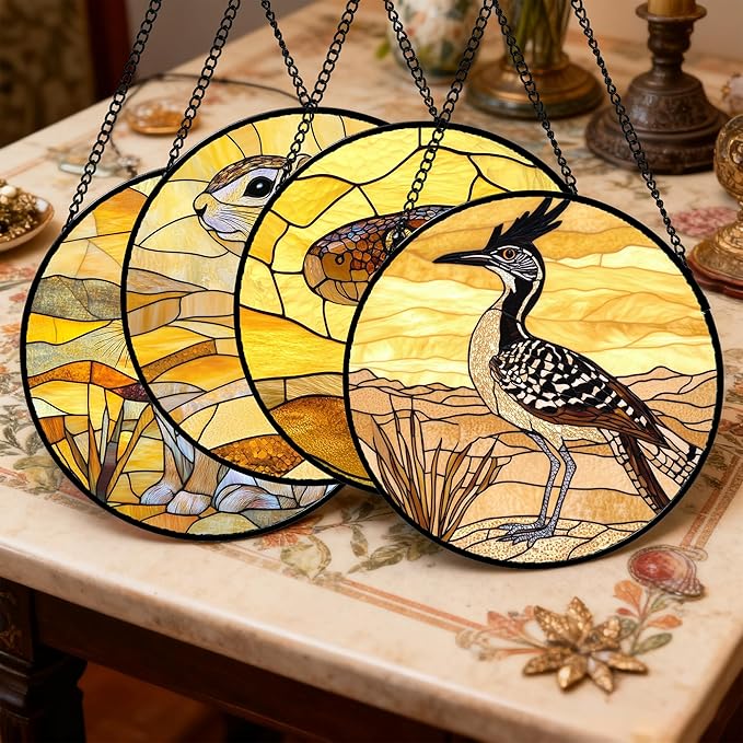 Stained Glass Window Hanging 4 Pcs Set Animals 6.3" - Desert Landscape Yellow Suncatcher Door Garden Sun Catcher Decor Birthday Christmas for Mom Woman Nana Men