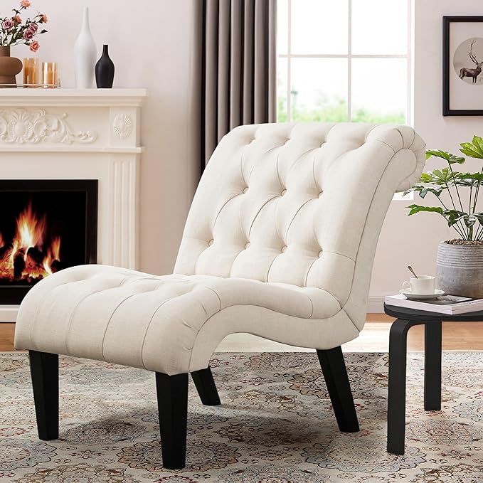 Yongqiang Accent Chair for Bedroom Living Room Chairs Tufted Upholstered Lounge Chair with Wood Legs Linen Fabric